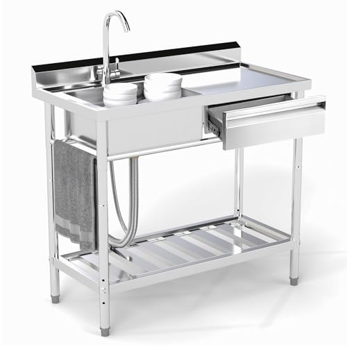 Trintion Freistehende Edelstahl Spültisch, 1 Becken mit Rechte Schublade, Gewerbliche Spülbecken mit Wasserhahn,Kalt und Warmwasserschläuchen, Innen-und Außenspüle für Waschküche, Bauernhaus(99cm) von Trintion