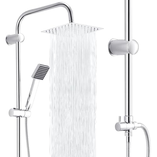 Trintion Regendusche Duschsystem 20 * 20cm Duschsets Duschstangen Duschmischer mit zwei Köpfen Verstellbare Kopfbrausen Duschköpfe Handbrausen-Sets mit Schlauch und Stange (Quadrat, Silber) von Trintion