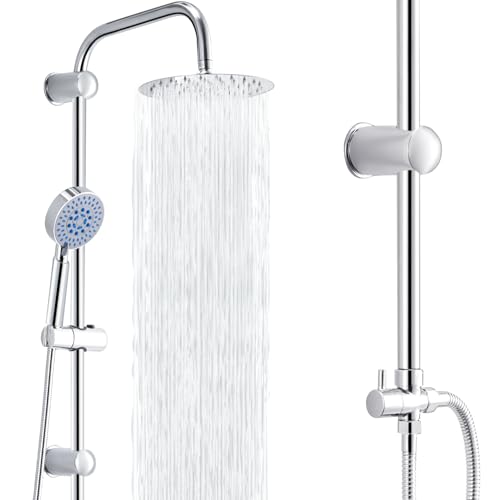 Trintion Regendusche Duschsystem 20 * 20cm Duschsets Duschstangen Duschmischer mit zwei Köpfen Verstellbare Kopfbrausen Duschköpfe Handbrausen-Sets mit Schlauch und Stange (Runden, Silber) von Trintion