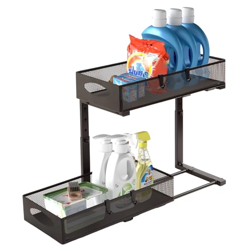 Trintion Unter Waschbecken Regal Höhenverstellbar 2 Etagen Küchen Organizer mit Ausziehbaren Schubladen & Haken Spülschrank Organizer für Küche Bad Gewürzregal (Schwarz) von Trintion