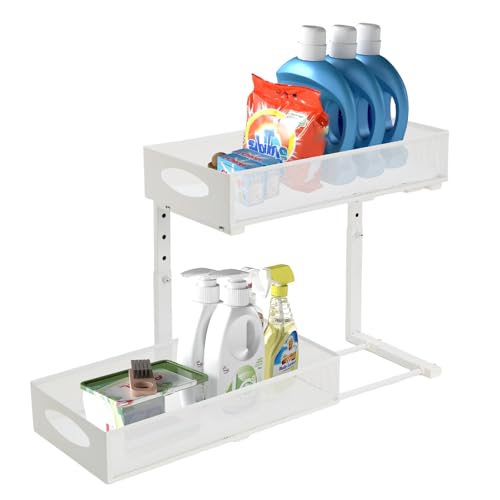 Trintion Unter Waschbecken Regal Höhenverstellbar 2 Etagen Küchen Organizer mit Ausziehbaren Schubladen & Haken Spülschrank Organizer für Küche Bad Gewürzregal (Weiß) von Trintion