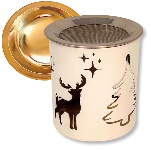 TRINTURA Räucherstövchen mit Räuchersieb und Räucherschale Hirsch Weihnachten Lebensblume zum Räuchern Set weiß Gold von Trintura