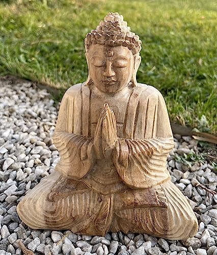 Trintura Buddha Deko Figur 20 cm Statue Anjali Mudra sitzend hoch, Akazien Holz Natur, Buddha Dekofigur Buddha Statue Buddhafigur von Trintura