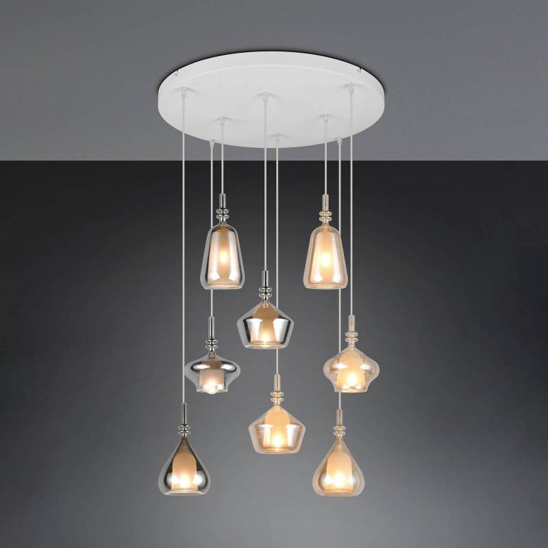 Hängelampe Aldea, Ø 60 cm, weiß/amber/chrom, Glas, 8-flg. Hängelampe Aldea, Ø 60 cm, weiß/amber/chrom, Glas, 8-flg. von Trio Lighting