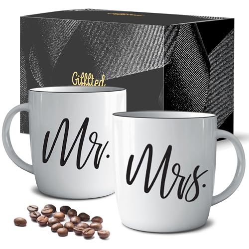 Triple Gifffted Mr und Mrs Tassen Set Geschenke Ideen Paare Weihnachten, Partnertassen Männer Frauen frau, Hochzeit, Braut Bräutigam, Hochzeitstag Hochzeitsgeschenke für Brautpaar, Keramik 380ML von Triple Gifffted