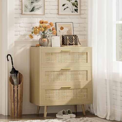 Trironsun 3 Schubladen Rattan Kommode für Schlafzimmer (Gelbe Eiche, 3 Schublade) von Trironsun