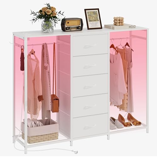 Trironsun 5 Schubladen Kommode mit Kleiderständer Kommode mit Kleiderstange LED Lichter Kleiderschrank Schrank Schubladen Ladestation Flexible Regal Offene Regale für Wohnzimmer von Trironsun