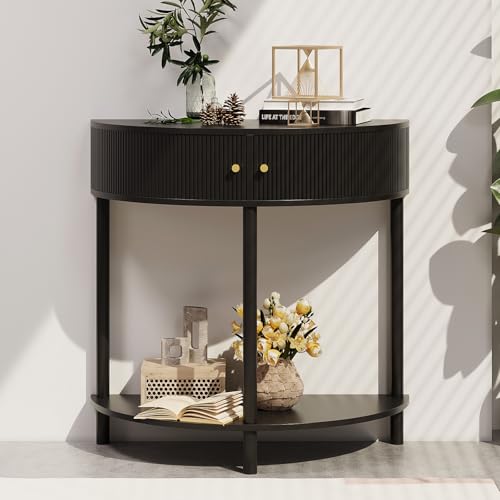 Trironsun Geriffelter Halbmond-Konsolentisch mit Stauraum, schmaler 2-stöckiger Eingangstisch mit Schrank, Holzflurtisch mit goldenen Knöpfen, Boho-Stil für kleine Räume (Schwarz) von Trironsun