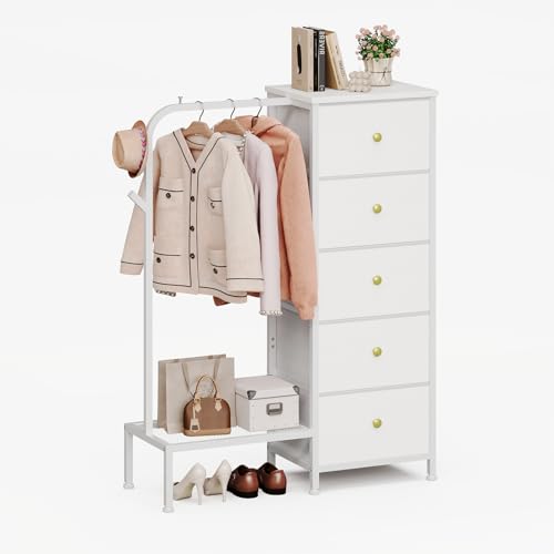 Trironsun Schmaler Stoffkommode mit 5 Schubladen und Kleiderstange Kinderkleiderschrank mit Hängeregal umkehrbar montierbar platzsparender Kleiderschrank für Schlafzimmer oder Kinderzimmer (Weiß) von Trironsun