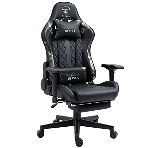 Gaming Stuhl mit Fußstütze und ergonomsichen 4D-Armlehnen - gaming chair in Sportsitz Optik - Gamer Stuhl mit verstellbaren Rückenstützkissen für gesündere Sitzhaltung, Farbe:Schwarz/Military -Grün von TRISENS