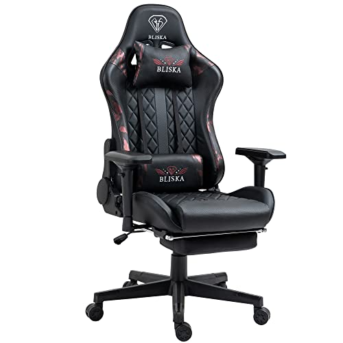 Gaming Stuhl mit Fußstütze und ergonomsichen 4D-Armlehnen - gaming chair in Sportsitz Optik - Gamer Stuhl mit verstellbaren Rückenstützkissen für gesündere Sitzhaltung, Farbe:Schwarz/Military -Rosa von TRISENS