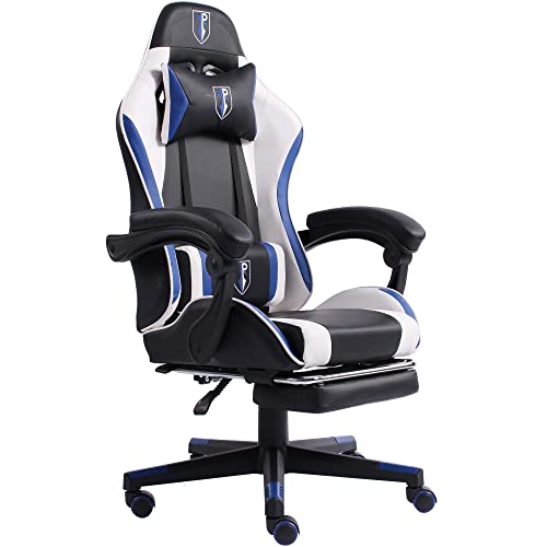 Gaming im Racing-Design mit flexiblen gepolsterten Armlehnen ergonomischer PC Gaming Stuhl in Lederoptik Schreibtischstuhl mit ausziehbarer Fußstütze und extra Stützkissen, Farbe:Schwarz/Weiß-Blau von TRISENS