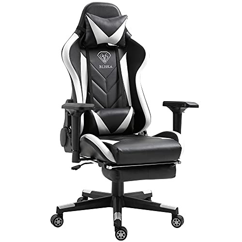 TRISENS Gaming Stuhl mit Fußstütze und ergonomsichen 4D-Armlehnen Gaming Chair in ergonomischer Sportsitz Optik Gamer Stuhl mit verstellbaren Rückenstützkissen Bürostuhl, Farbe:Schwarz/Weiß von TRISENS