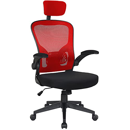 Trisens Bürostuhl Ergonomisch Drehstuhl Schreibtischstuhl Mesh Netzstoff Office Stuhl, Farbe:Schwarz/Rot mit Kopfstütze von Trisens