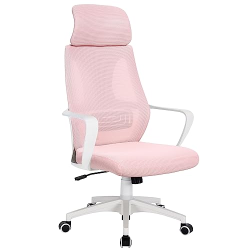 Trisens Bürostuhl mit Lordosenstütze im Netzstoff-Design Schreibtischstuhl mit Wippfunktion ergonomischer Drehstuhl mit Einer verstellbaren atmungsaktiven Rückenlehne, Farbe:Weiß/Rosa von Trisens