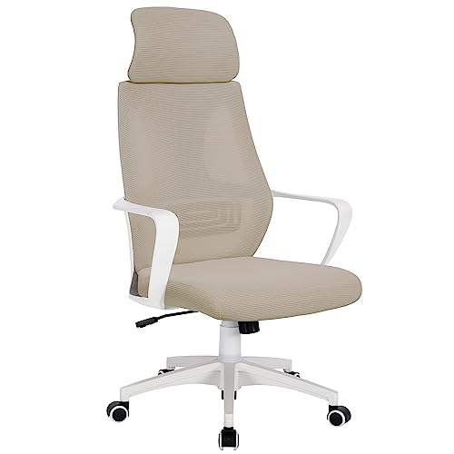 TRISENS Bürostuhl mit Lordosenstütze im Netzstoff-Design Schreibtischstuhl mit Wippfunktion ergonomischer Drehstuhl mit Einer verstellbaren atmungsaktiven Rückenlehne, Farbe:Weiß/Taupe von TRISENS