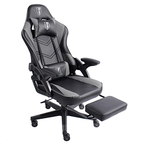 TRISENS Gaming Stuhl im modernen Racing-Design mit ausziehbarer Fußstütze Gaming Chair mit verstellbaren Design Armlehnen ergonomischer Schreibtischstuhl mit extra Stützkissen, Farbe:Schwarz/Grau von TRISENS