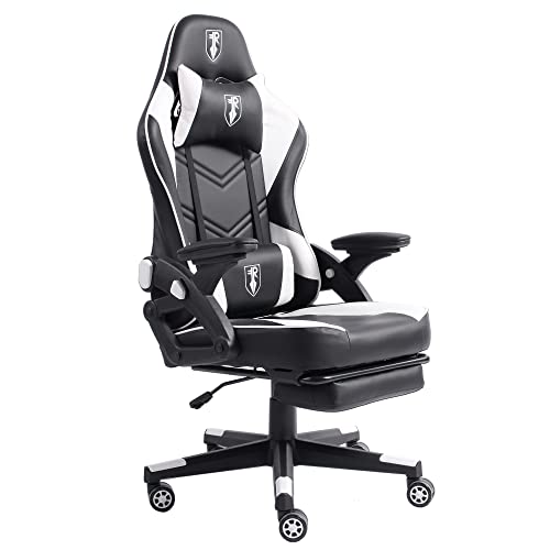 Trisens Gaming Stuhl im modernen Racing-Design mit ausziehbarer Fußstütze Gaming Chair mit verstellbaren Design Armlehnen ergonomischer Schreibtischstuhl mit extra Stützkissen, Farbe:Schwarz/Weiß von Trisens