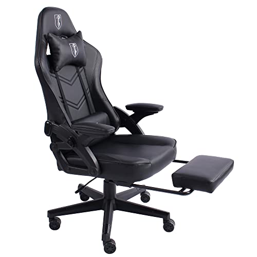 Trisens Gaming Stuhl im modernen Racing-Design mit ausziehbarer Fußstütze Gaming Chair mit verstellbaren Design Armlehnen ergonomischer Schreibtischstuhl mit extra Stützkissen, Farbe:Schwarz von Trisens