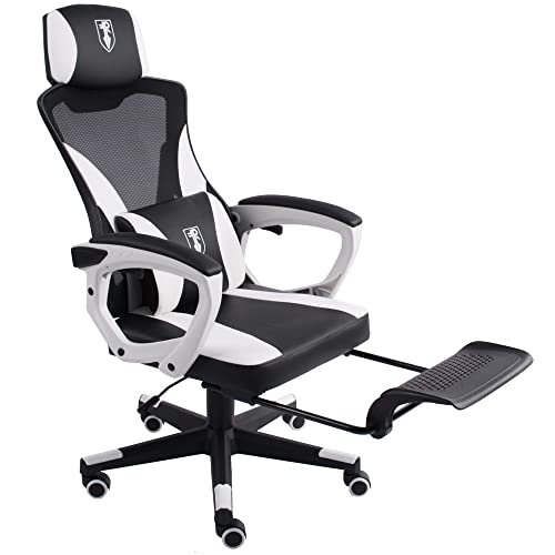 TRISENS Gaming Stuhl im modernen Racing-Design mit einklappbarer Fußstütze - Gaming Chair mit flexiblen Armlehnen - ergonomischer Gaming Schreibtischstuhl mit extra Stützkissen, Farbe:Schwarz/Weiß von TRISENS
