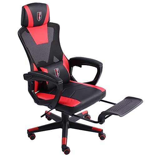 TRISENS Gaming Stuhl im modernen Racing-Design mit einklappbarer Fußstütze - Gaming Chair mit flexiblen Armlehnen - ergonomischer Gaming Schreibtischstuhl mit extra Stützkissen, Farbe:Schwarz/Rot von TRISENS
