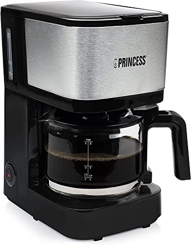 Princess Filter-Kaffeemaschine - 0,75 Liter Glaskanne, 8 Tassen, Edelstahl mit Permanentfilter, 600 Watt, 246030, Schwarz, Silber von Princess