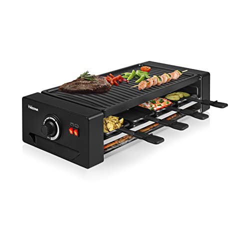 Tristar RA-2736 Multifunktionales Raclette- und Pizzagerät einstellbarer Thermostat mit doppeltem Heizelement 43 x 23 cm Kochfläche für 8 Personen BPA-frei 1300 Watt, Schwarz von Tristar