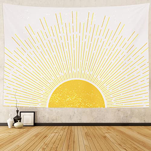 Abstrakter goldener Sonnen-Wandteppich, Boho, horizontaler Sonnenaufgang, Sonnenuntergang, Wandteppich, modern, böhmisch, minimalistisch, Kunst, Wandbehang für Wohnzimmer, College, 150x213 cm, gelb von Tritard