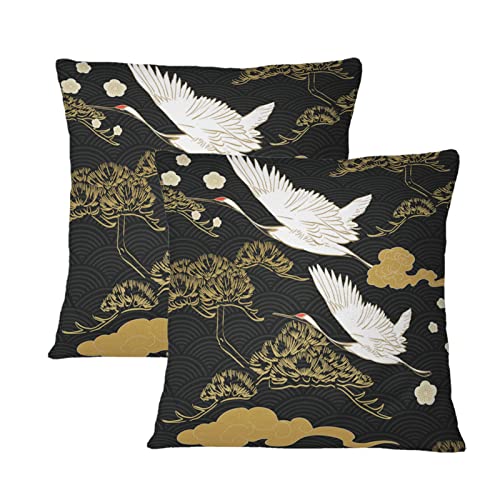 Schwarze orientalische Kissenbezüge mit Vogelkranich-Motiv, 2 Stück, dekorative Kissenbezüge, asiatische japanische Couch-Kissenbezüge, Heimdekoration für Sofa, Schlafzimmer, Wohnzimmer, 45.7x45.7 cm von Tritard