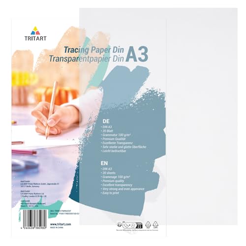 Tritart Transparentpapier Bedruckbar Weiß DIN A3 - Pauspapier Pergamentpapier zum bedrucken 20 Blatt 100g/m² - Architektenpapier Transparent Papier Bögen - Durchsichtiges Papier von Tritart