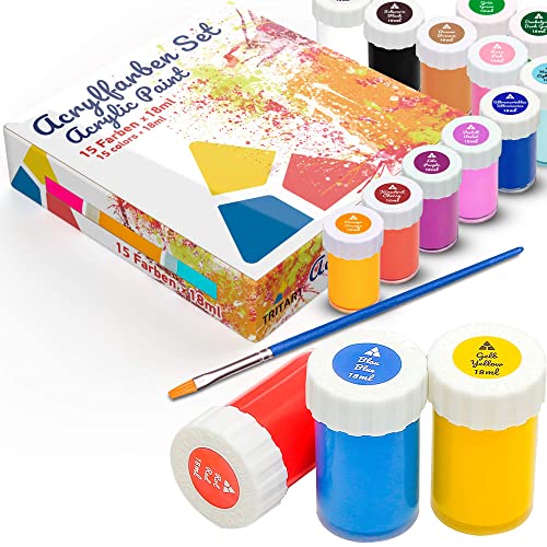 Tritart Acrylfarben Set für Kinder und Erwachsene - 15x Acrylfarbe mit Pinsel - Acryllack 16-teiliges Set - wasserfestes Acryl Farben Set und Pinsel von Tritart