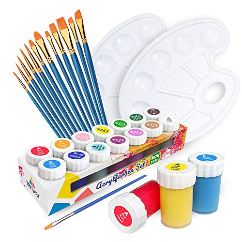 Tritart Acrylfarben Set für Kinder und Erwachsene mit 12 Pinsel und 2 Mischpaletten | 14er Acrylic Paint | Malset Akrylfarbenset Komplett für Papier & Holz | von Tritart
