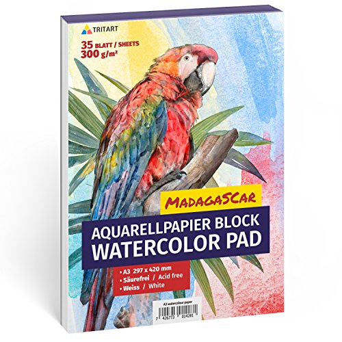 Tritart Aquarellpapier Din A3 300g/m² - Malblock A3 mit 35 Blatt - Aquarellblock zum Malen - Watercolour Paper - Aquarell Papier Zeichenpapier Mal Papier A3 - Acrylfarben Papier von Tritart