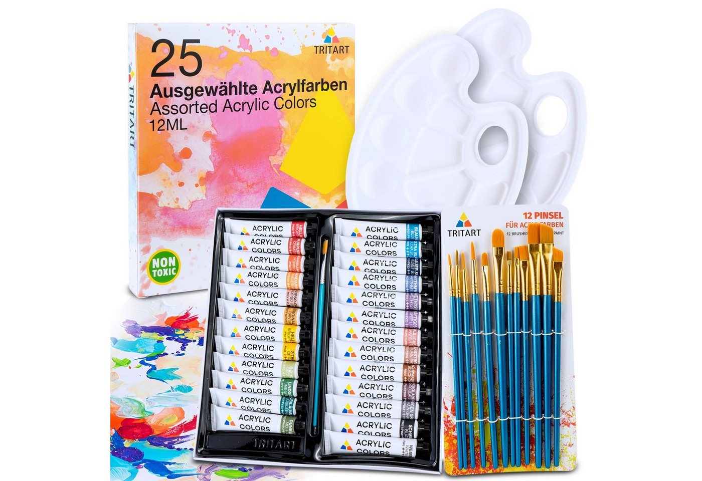 Tritart Bastelfarbe Acrylfarben-Set: 25 Tuben 12ml + 12 Pinsel + 2 Mischpaletten, Acrylfarbenset: 25 Tuben à 12ml + 12 Pinsel + 2 Mischpaletten von Tritart