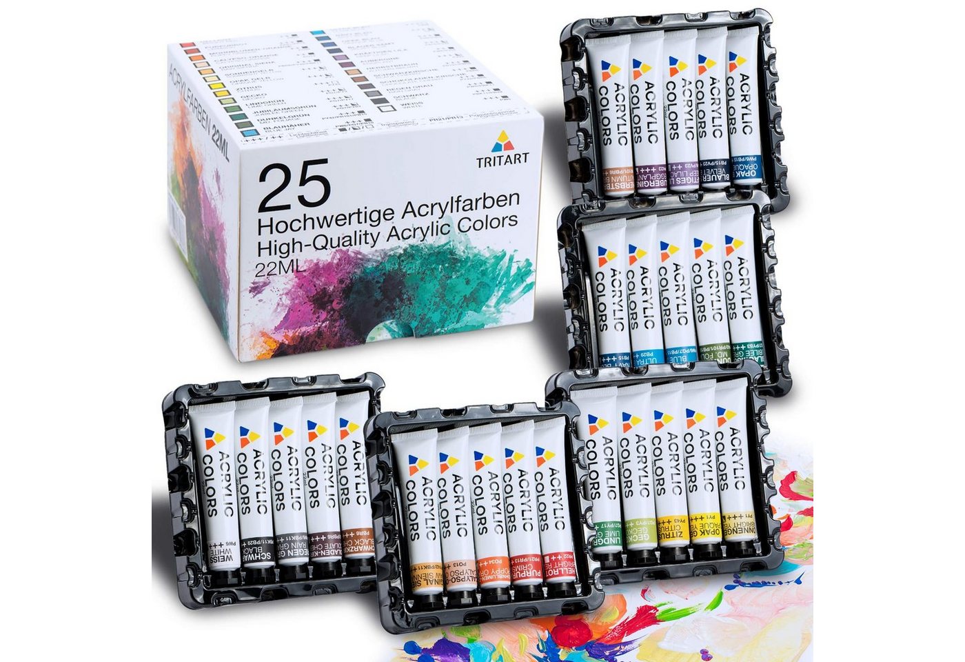 Tritart Bastelfarbe Hochwertiges Acrylfarbenset, 25 Tuben à 22ml, Lebendige Pigmente, Hochpigmentiertes Acrylfarbenset, 25 x 22ml Tuben von Tritart