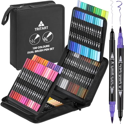 Tritart Brush Pen Set mit 100 Brush Pens - 100x Filz Stifte perfet für Comics und Manga - Dual Brush Pen Set mit jeweils 2 Spitzen - Bullet Journal Stifte - Stifte Set filzstifte von Tritart