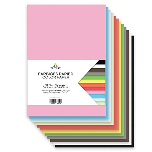Tritart Tonpapier A3 bunt 130g/m² - 60 Blatt buntes Papier A3 zum Basteln - Bastelpapier Set - Fest und Stabil - Buntpapier - Farbiges Papier - Bastelkarton Pappe Tritart Tonpapier A3 bunt 130g/m² - 60 Blatt buntes Papier A3 zum Basteln - Bastelpapier Set - Fest und Stabil - Buntpapier - Farbiges Papier - Bastelkarton Pappe von Tritart