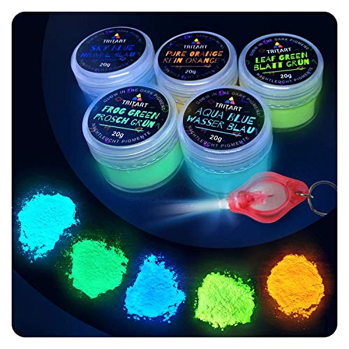 Tritart Fluoreszierendes Pulver Selbstleuchtend | 5 x 20g Nachtleuchtende Pigmente | Leuchtpulver Set mit GRATIS UV Lampe von Tritart