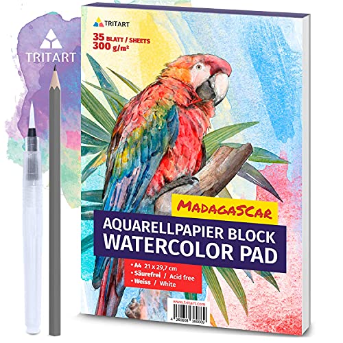 Tritart HOCHWERTIGES Aquarellpapier 300g | Din A4 | Weiß | 35 Blatt | Aquarellblock inkl. Water Brush und Bleistift von Tritart