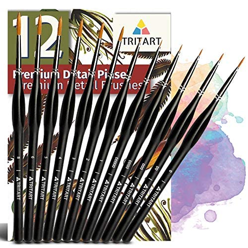 Tritart Künstlerpinsel Set fein I Pinsel für Aquarell Leinwand Nail Art und Modellbau I Dünne Pinsel Miniaturmalerei für Ölfarben Acrylfarben und Wasserfarben I Profi Pinselset 12 Stück von Tritart