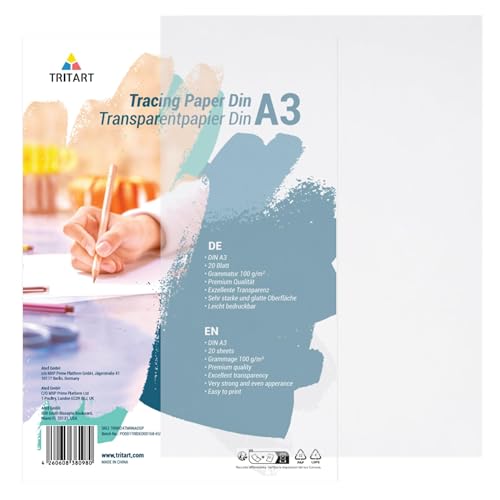 Tritart Transparentpapier Bedruckbar Weiß DIN A4 - Abpauspapier Pergamentpapier zum Bedrucken 300 Blatt 100g/m² - Architektenpapier Transparent Papier Bögen - Tracing Paper von Tritart