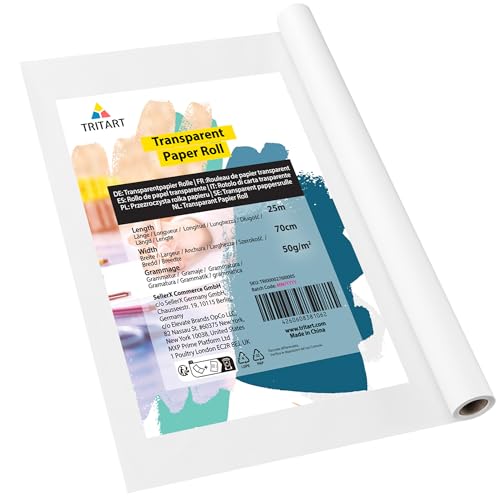 Tritart Transparentpapier Rolle - Pauspapier 25m x 70cm - Schnittmusterpapier 50g/m² - Architektenpapier - Abpauspapier weiß transparent - Malpapier Rolle - Tracing Paper Papier Rolle von Tritart
