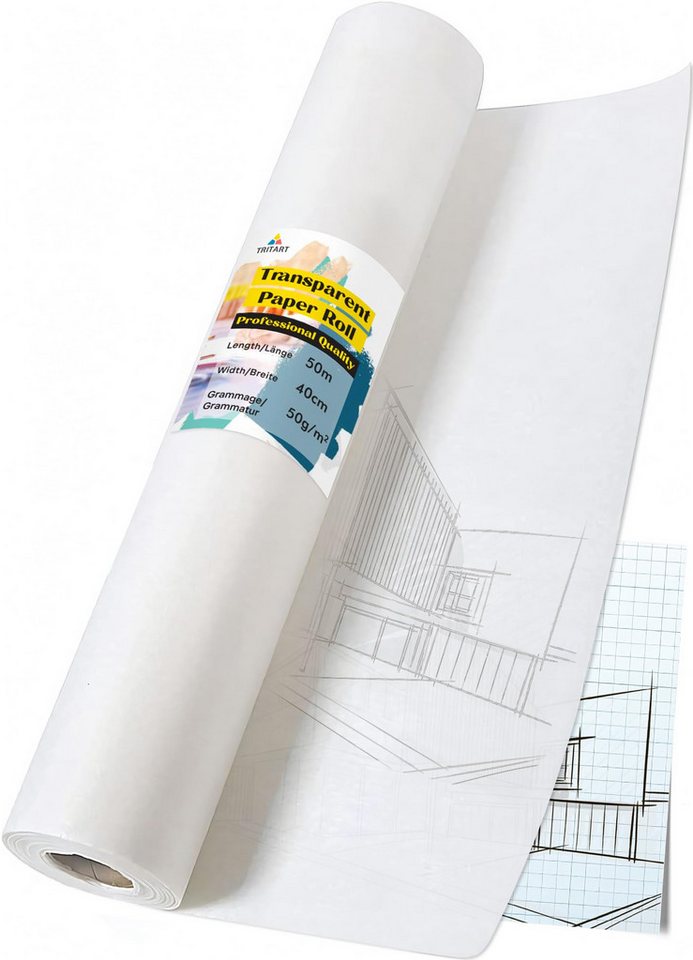 Tritart Transparentpapier Transparentpapier Rolle weiß - Schnittmusterpapier 40cmx50m 50 g/m² - von Tritart