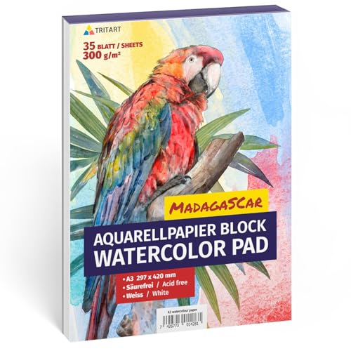 Tritart weißes A3 Aquarellpapier 300 g/m² - 35 Blatt Aquarellblock DIN A3 - Aquarell Malpapier - 35x Watercolor paper Aquarell Papier für Wasserfarben - Acrylpapier in weiß von Tritart