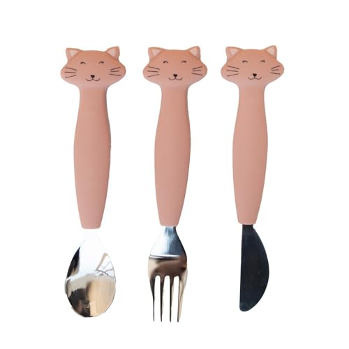 Trixie Besteckset aus Silikon und Edelstahl, für Babys und Kinder, 3-teilig (Gabel, Löffel und Messer), Mrs. Cat (Katze) von Trixie Baby