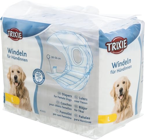 TRIXIE Windeln für Hündinnen - Größe L - Taillenumfang: 38 - 56 cm - ideal für Inkontinenz, Läufigkeit und nach Operationen - Gummizug an Bund und Beinausschnitten - Rutenöffnung - 12 Stück - 23635 von TRIXIE