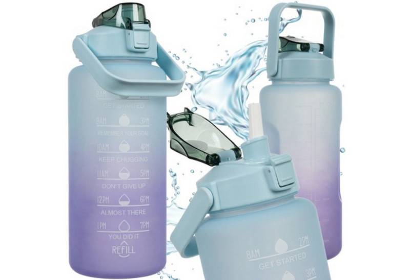 Trizand Trinkflasche Motivationswasserflasche 2L lila-blau BPA-frei mit Tragegriff, 2L Motivationsflasche, auslaufsicher, mit Zeit- & Mengenmarkierung von Trizand