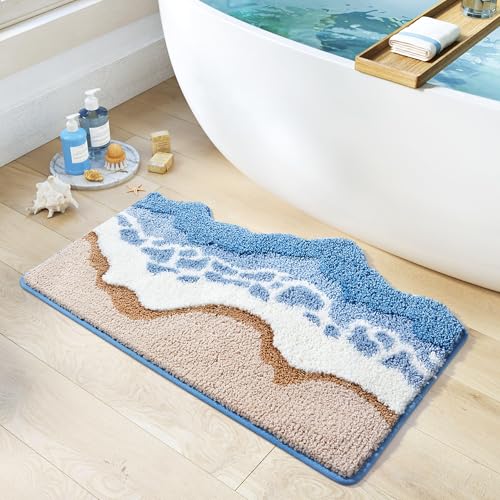 Trlyane Badezimmermatte 50x80cm Weicher Saugfähig Badezimmerteppich, Sommerlicher Strandstil Mikrofaser Beflockung Badematten Antirutsch Badvorleger Duschteppich Waschbar Badteppich von Trlyane