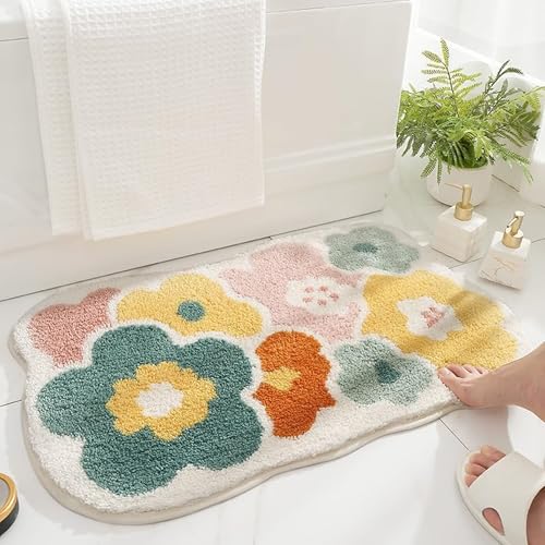 Trlyane Badezimmermatte Weicher Saugfähig Badezimmerteppich süß, Mikrofaser Beflockung Wolken Badematten Antirutsch Badvorleger Duschteppich Waschbar Badteppich (Blumen, 50x80cm) von Trlyane