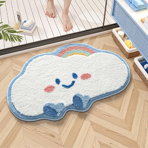 Trlyane Badezimmermatte Weicher Saugfähig Badezimmerteppich süß, Mikrofaser Beflockung Wolken Badematten Antirutsch Badvorleger Duschteppich Waschbar Badteppich 50x80cm (Blau) von Trlyane